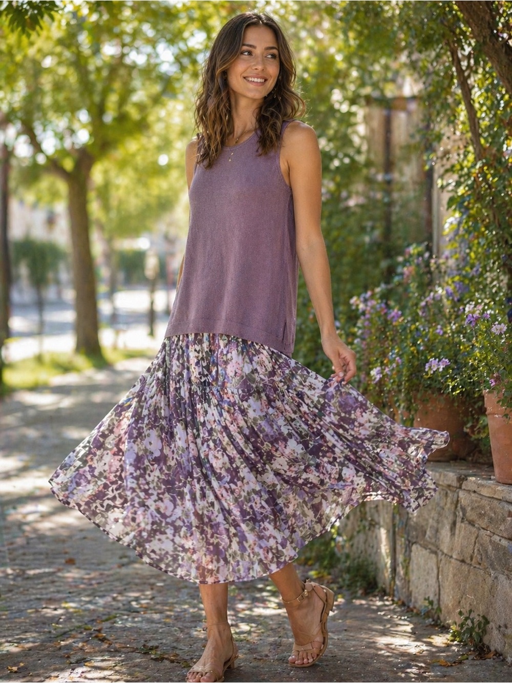 Women's Floral Pleated Midi Skirt and  Sweater Set in Lavender